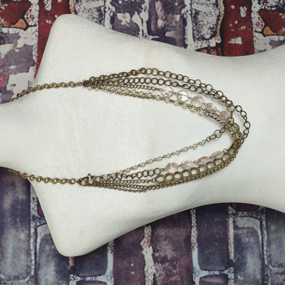 Layered Chain Necklace w/ Pearls & Acrylic Crystal Accents